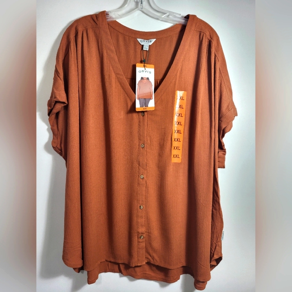 Orvis rust colored short sleeve button up blouse women's XXL #2378